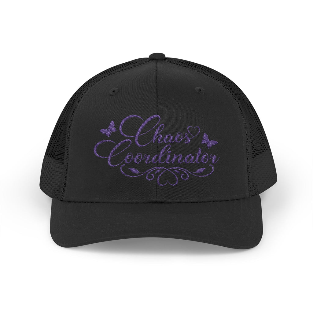 Chaos Coordinator Trucker Cap — Glitter Script Snapback Hat