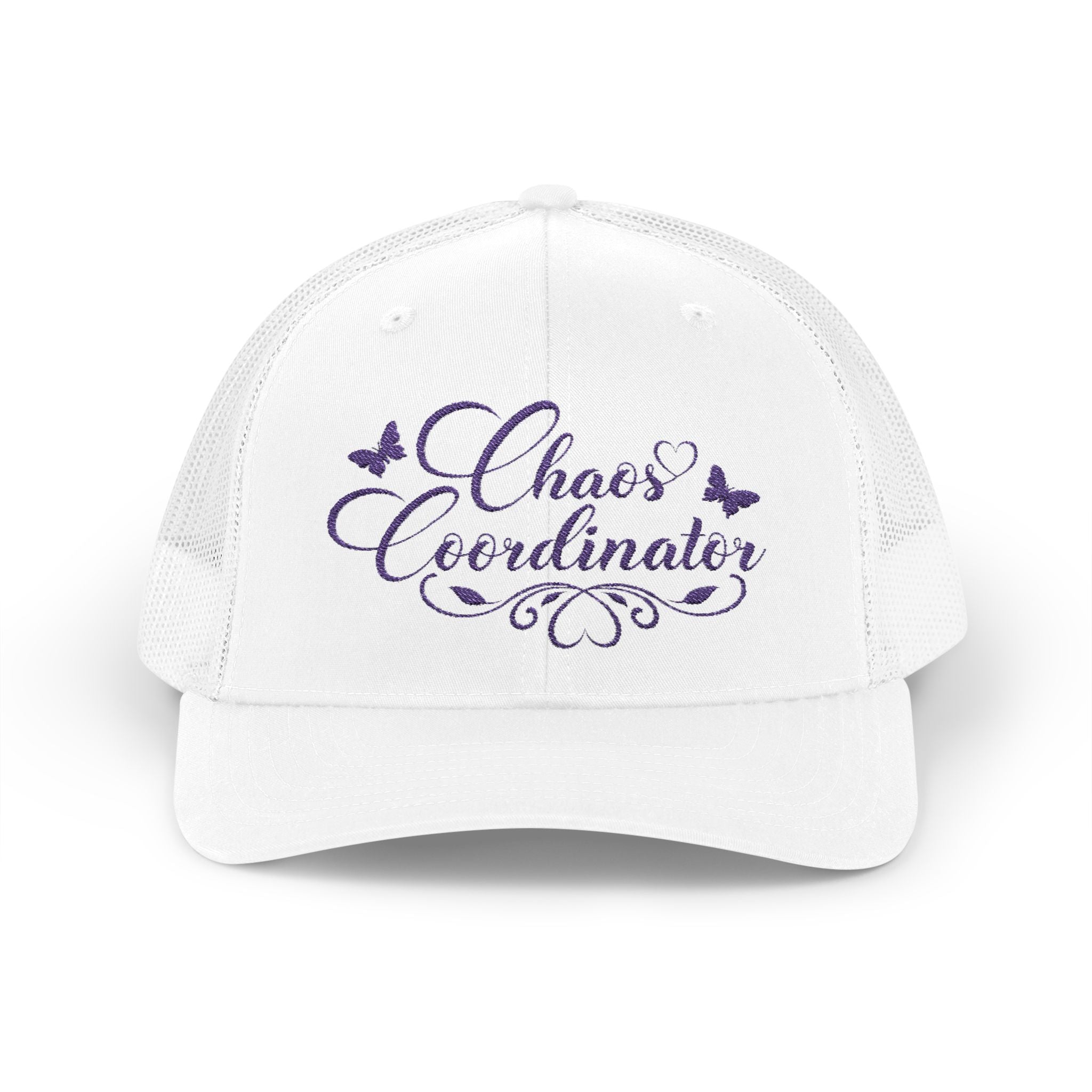 Chaos Coordinator Trucker Cap — Glitter Script Snapback Hat