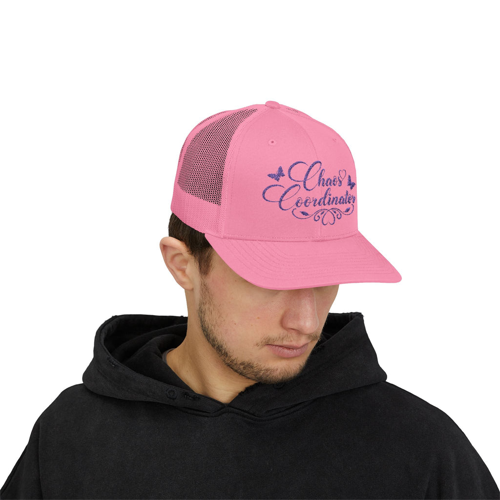 Chaos Coordinator Trucker Cap — Glitter Script Snapback Hat