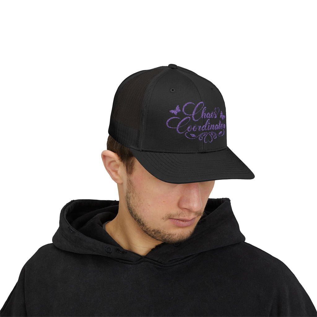 Chaos Coordinator Trucker Cap — Glitter Script Snapback Hat