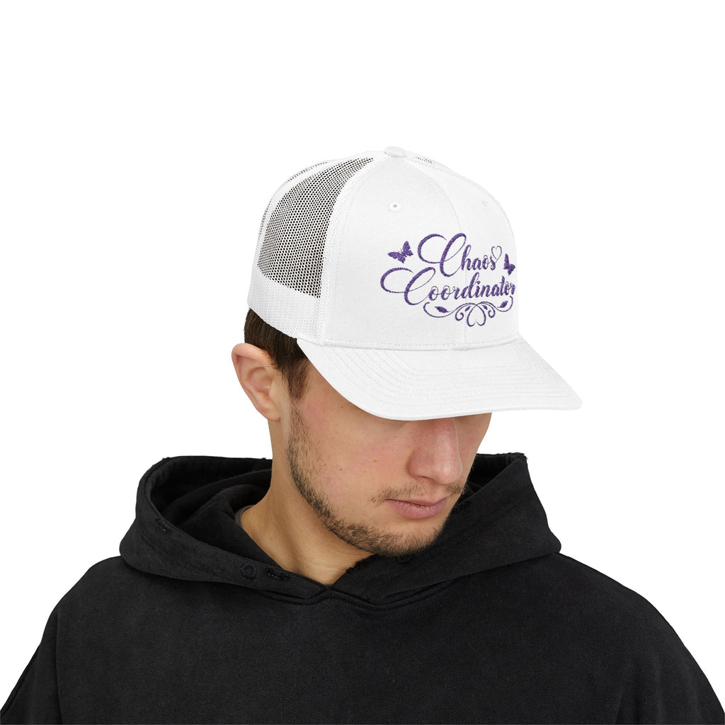 Chaos Coordinator Trucker Cap — Glitter Script Snapback Hat